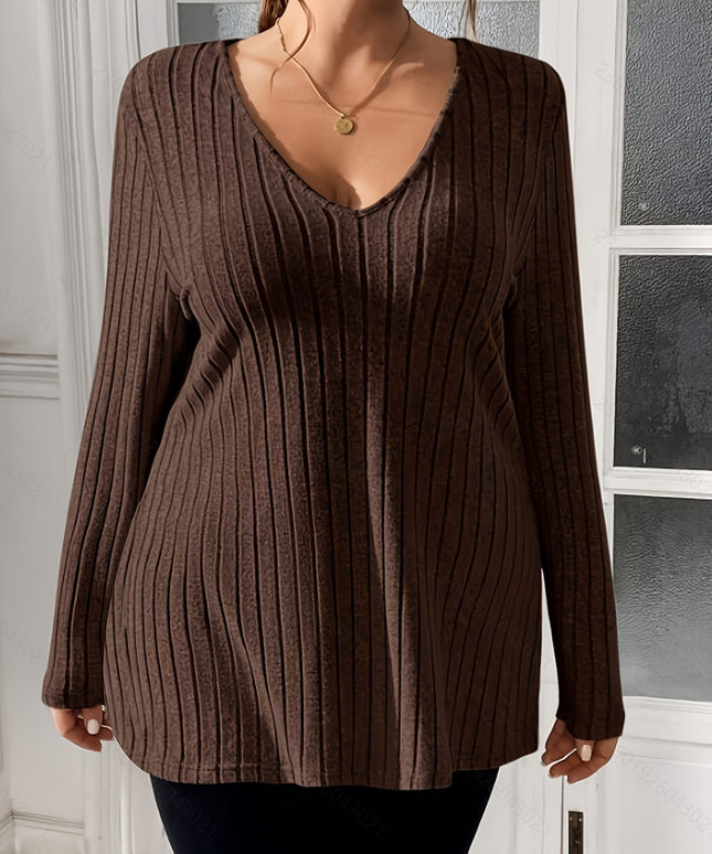 jkthpu-45 Plus Size Coffee Brown V-Neck Knit Sweater – Elegant Long Sleeve