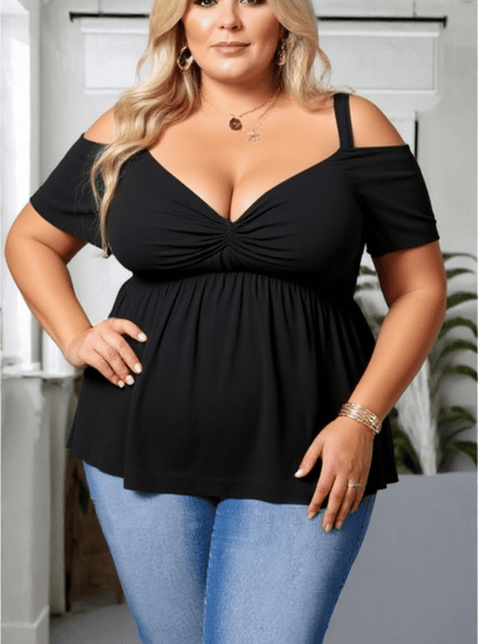 KissICON Plus Size Cold Shoulder Black Tunic Top