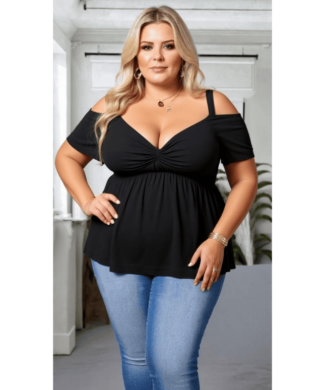 KissICON Plus Size Cold Shoulder Black Tunic Top