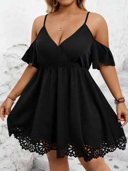 jkthpu-45 Plus Size Cold Shoulder Cutout Trim Elegant Short Sleeve Dress for Spring & Summer, Women's Clothing