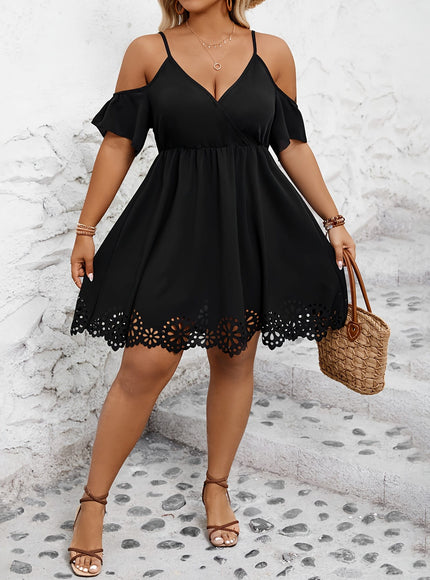 jkthpu-45 Plus Size Cold Shoulder Cutout Trim Elegant Short Sleeve Dress for Spring & Summer, Women's Clothing