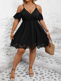 jkthpu-45 Plus Size Cold Shoulder Cutout Trim Elegant Short Sleeve Dress for Spring & Summer, Women's Clothing