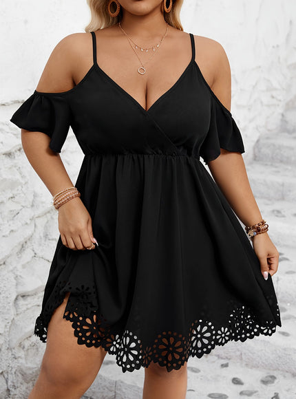 jkthpu-45 Plus Size Cold Shoulder Cutout Trim Elegant Short Sleeve Dress for Spring & Summer, Women's Clothing