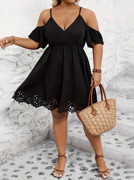 jkthpu-45 Plus Size Cold Shoulder Cutout Trim Elegant Short Sleeve Dress for Spring & Summer, Women's Clothing