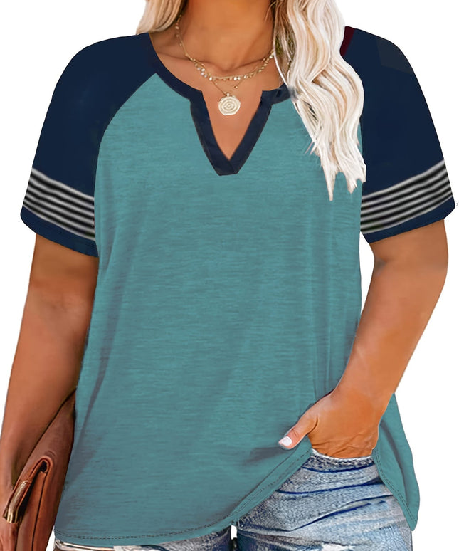 KissICON Plus Size Color Block Striped T-shirt, Casual Short Sleeve Notched Neck Top For Spring & Summer, Women's Plus Size Clothing