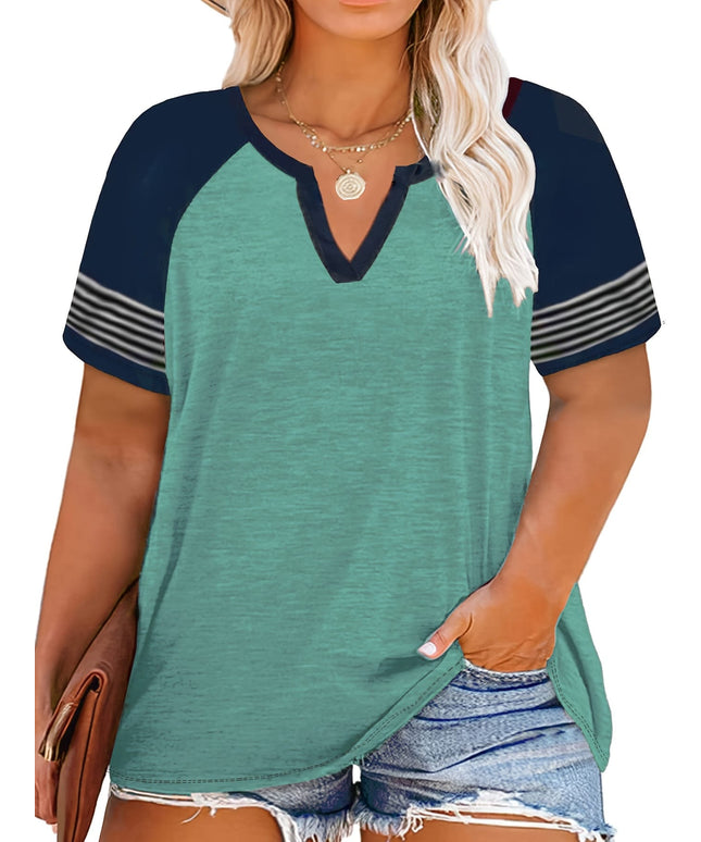 KissICON Plus Size Color Block Striped T-shirt, Casual Short Sleeve Notched Neck Top For Spring & Summer, Women's Plus Size Clothing