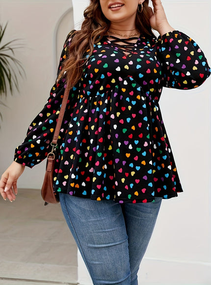 jkthpu-45 Plus Size Colorful Heart Print Cross Front T-Shirt,
