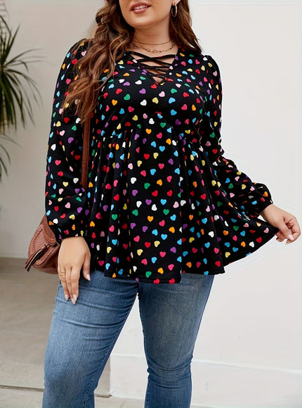 jkthpu-45 Plus Size Colorful Heart Print Cross Front T-Shirt,