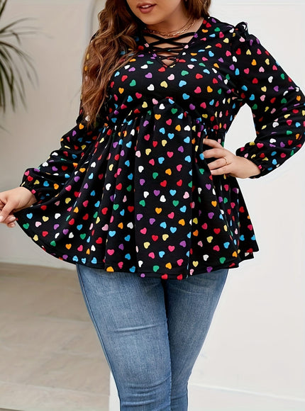 jkthpu-45 Plus Size Colorful Heart Print Cross Front T-Shirt,
