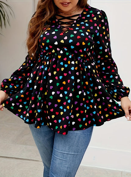 jkthpu-45 Plus Size Colorful Heart Print Cross Front T-Shirt,