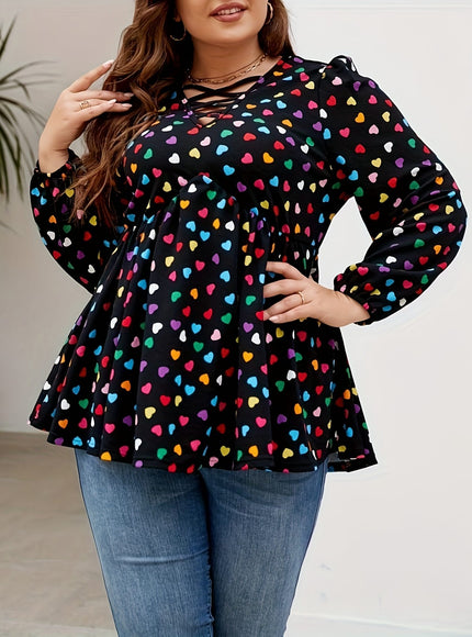 jkthpu-45 Plus Size Colorful Heart Print Cross Front T-Shirt,