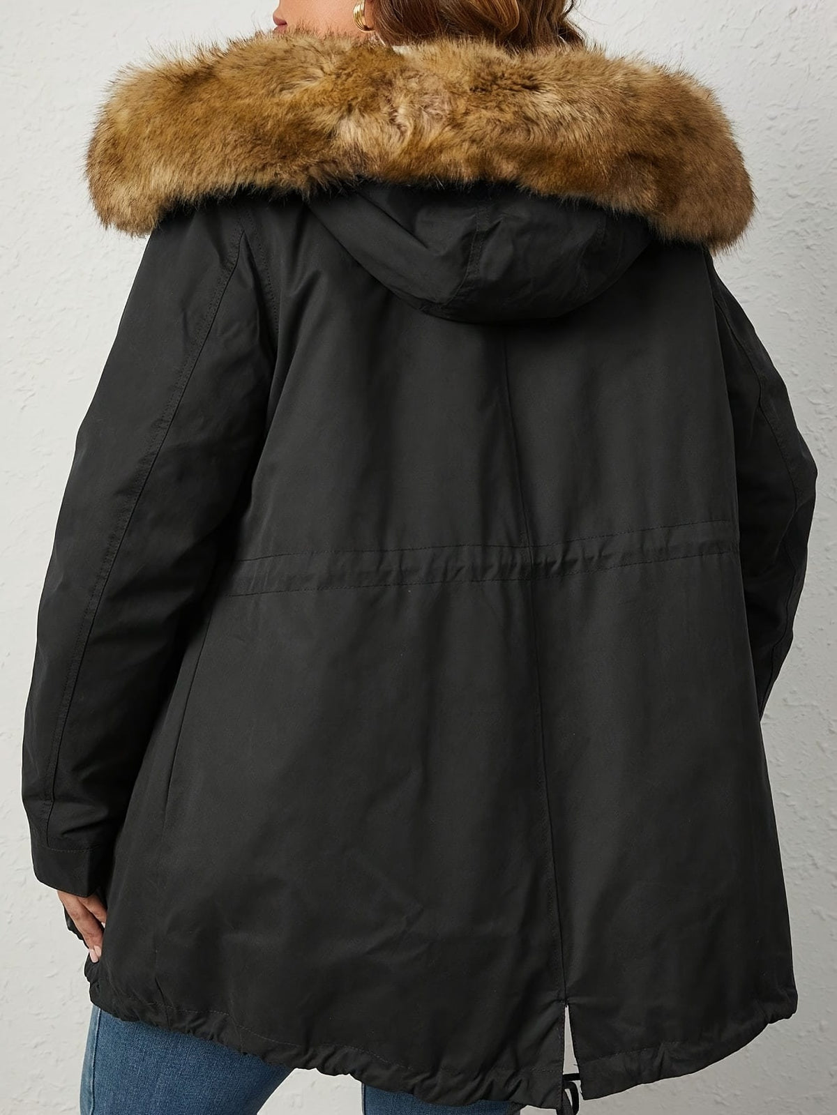 jkthpu-45 Plus Size Contrast Fuzzy Hooded Winter Coat with Zipper