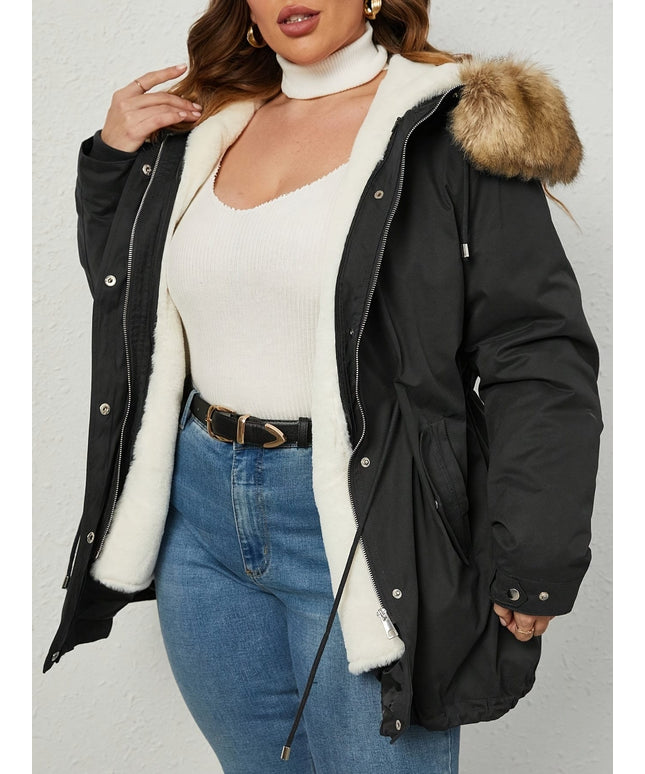 jkthpu-45 Plus Size Contrast Fuzzy Hooded Winter Coat with Zipper