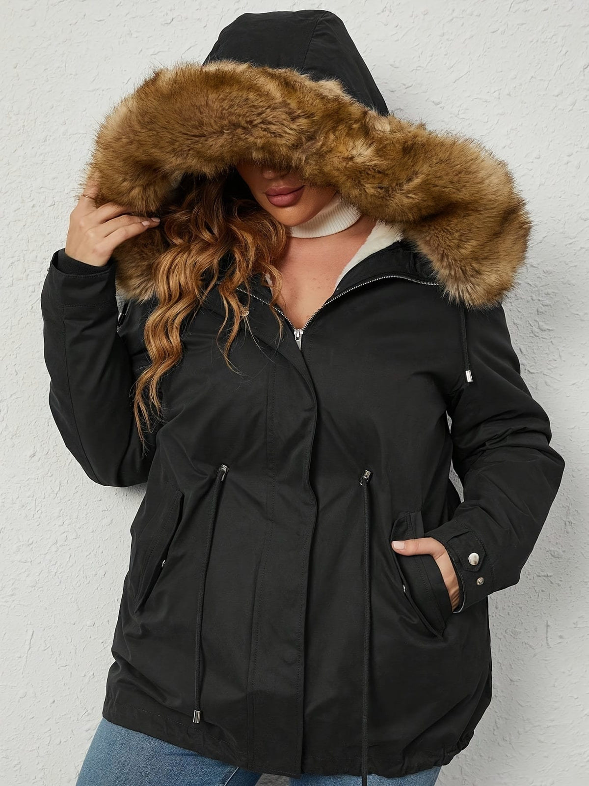 jkthpu-45 Plus Size Contrast Fuzzy Hooded Winter Coat with Zipper