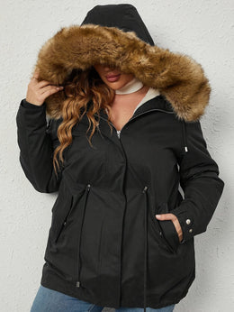jkthpu-45 Plus Size Contrast Fuzzy Hooded Winter Coat with Zipper