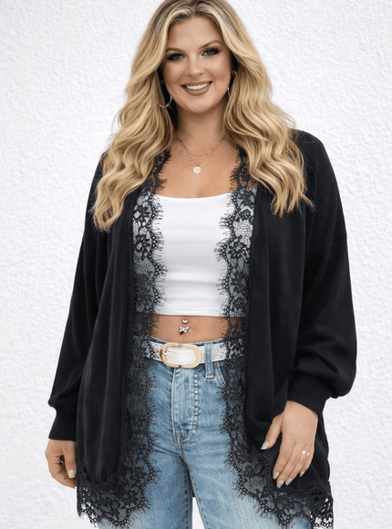 KissICON Knitwear Plus Size Contrast Lace Batwing Duster Cardigan
