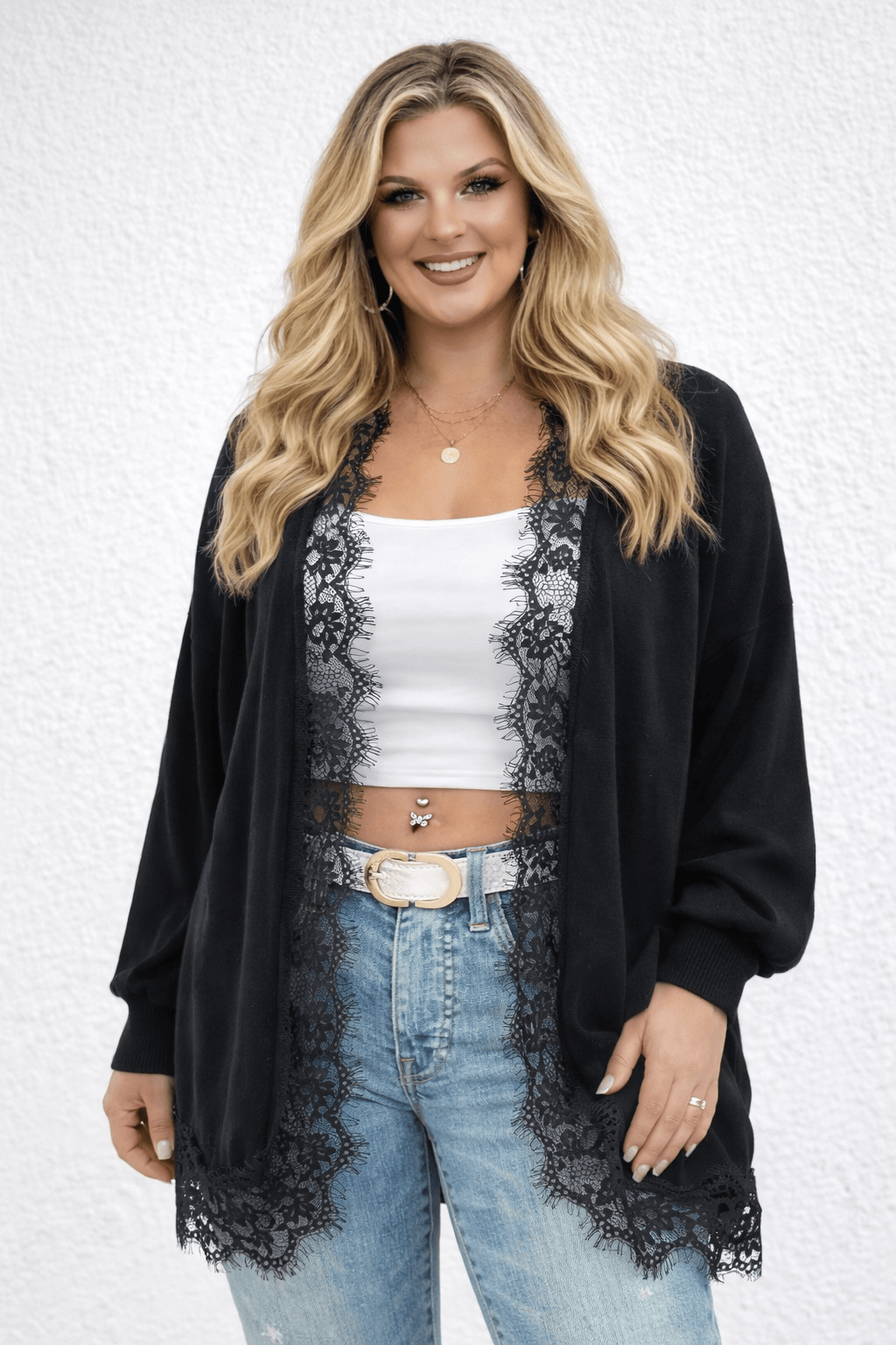 KissICON Knitwear Plus Size Contrast Lace Batwing Duster Cardigan