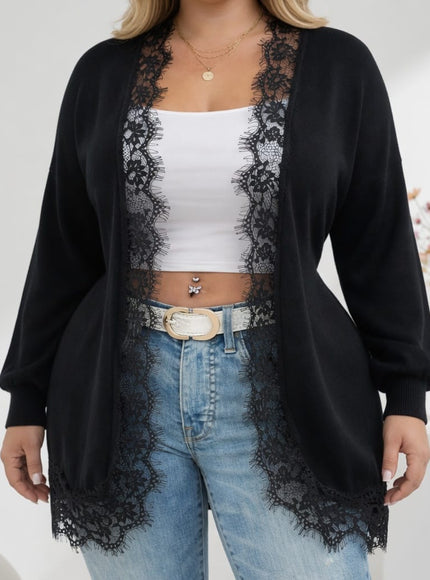 KissICON Knitwear Plus Size Contrast Lace Batwing Duster Cardigan