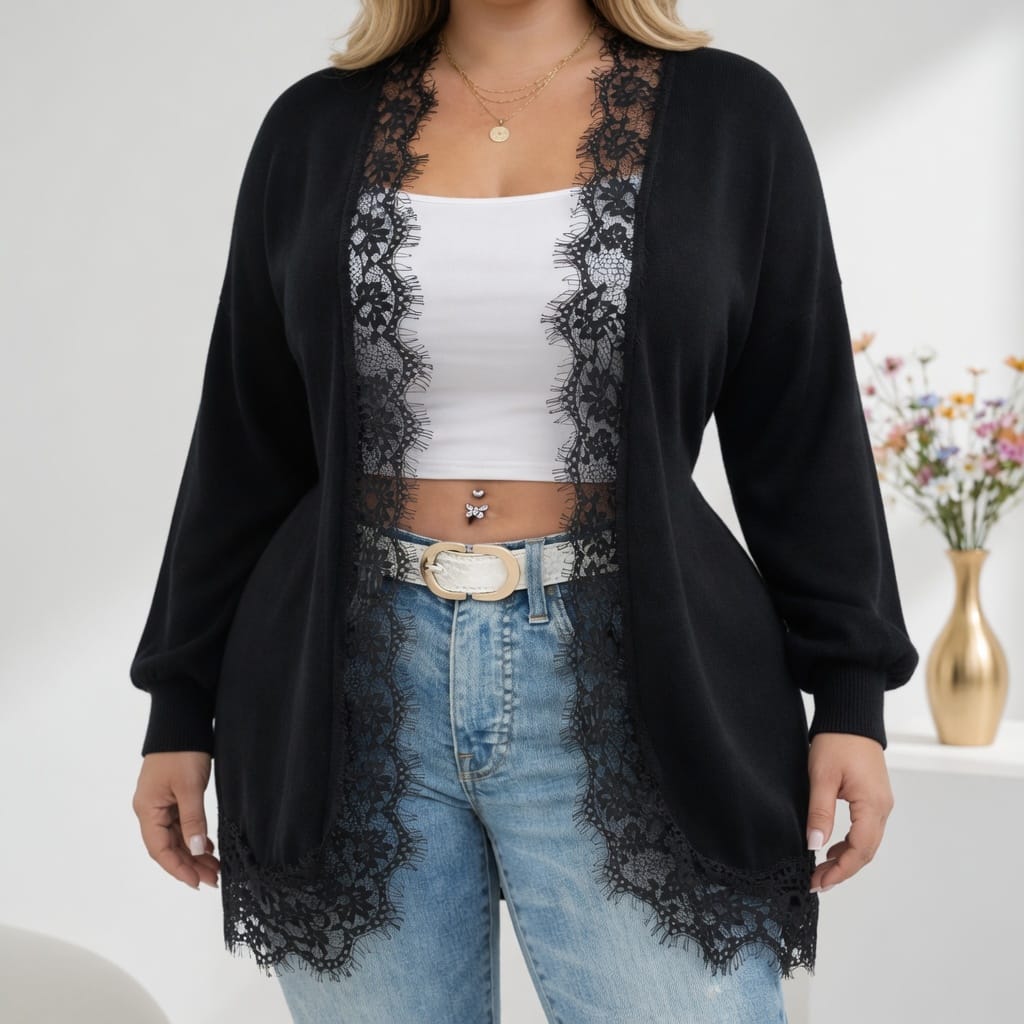 KissICON Knitwear Plus Size Contrast Lace Batwing Duster Cardigan