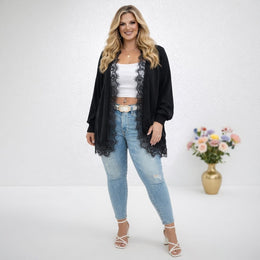 KissICON Knitwear Plus Size Contrast Lace Batwing Duster Cardigan