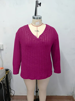 jkthpu-45 Plus Size Cozy Fleece VNeck Long Sleeve Ribbed Pullover