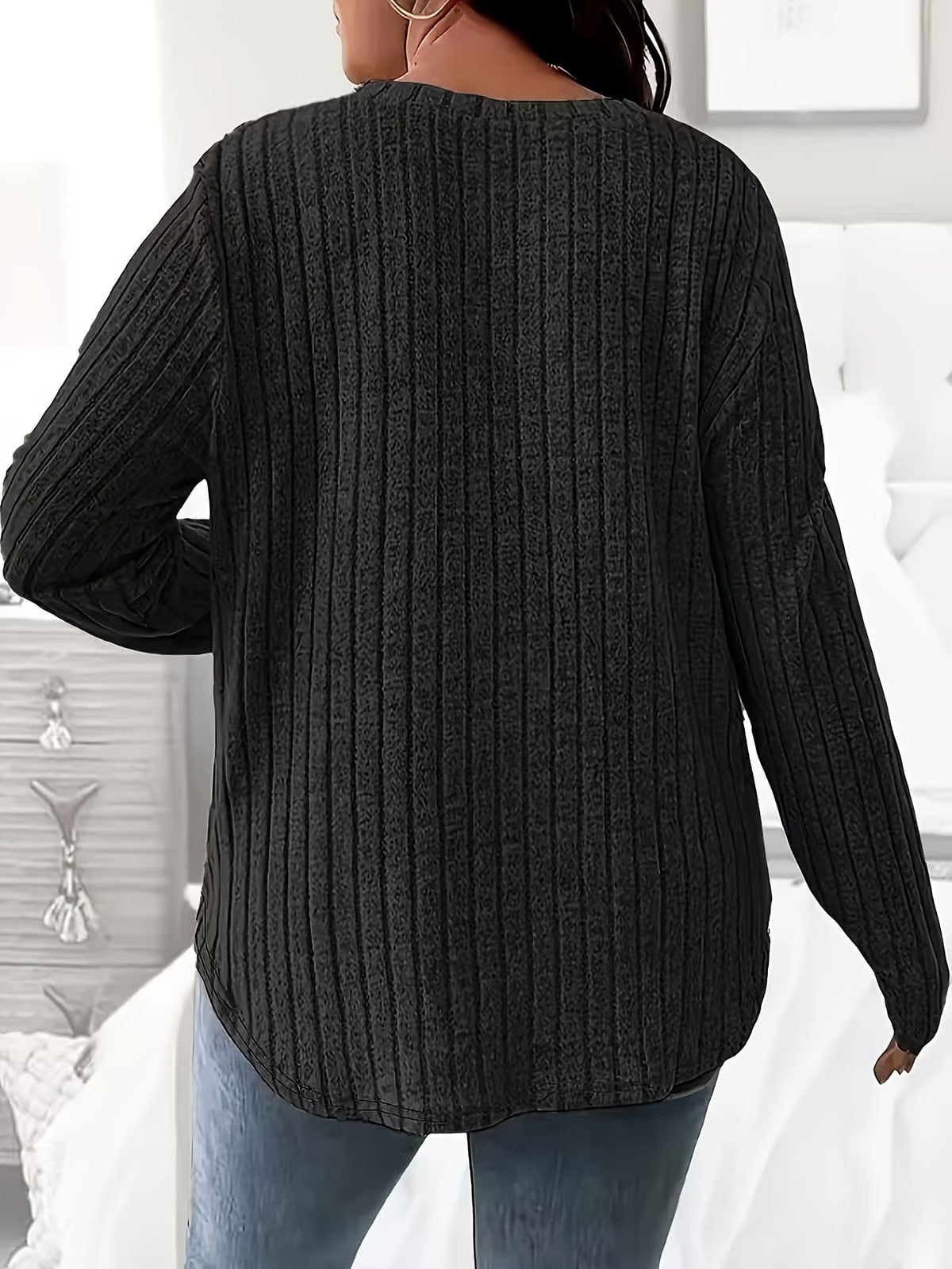 jkthpu-45 Plus Size Cozy Fleece VNeck Long Sleeve Ribbed Pullover