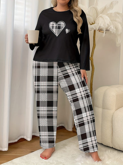 jkthpu-45 Plus Size Cozy Heart Print Long Sleeve Top