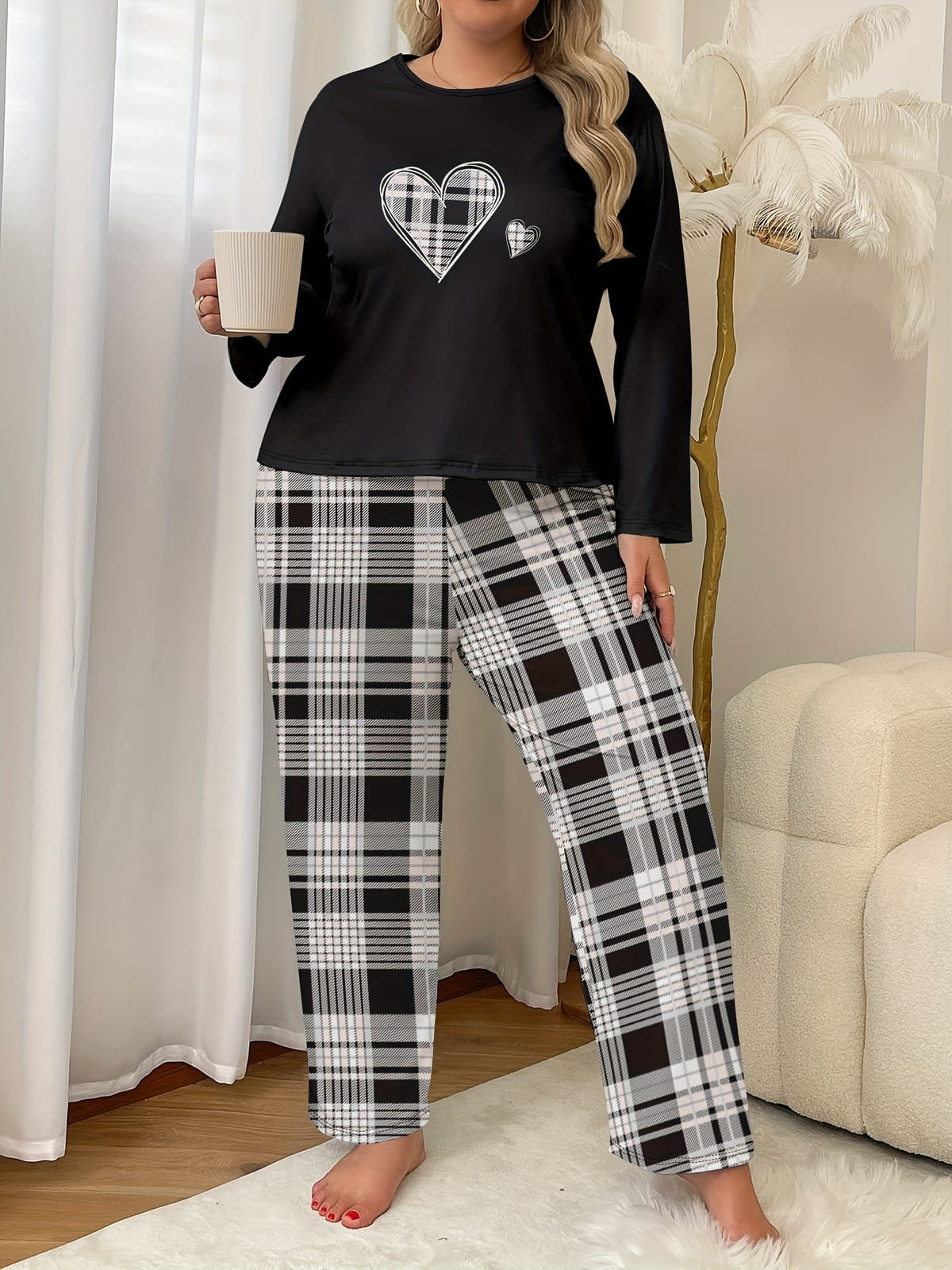 jkthpu-45 Plus Size Cozy Heart Print Long Sleeve Top