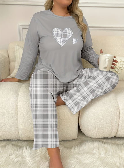 jkthpu-45 Plus Size Cozy Heart Print Long Sleeve Top