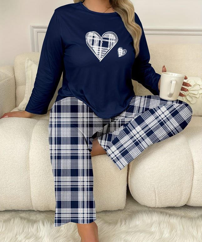 jkthpu-45 Plus Size Cozy Heart Print Long Sleeve Top