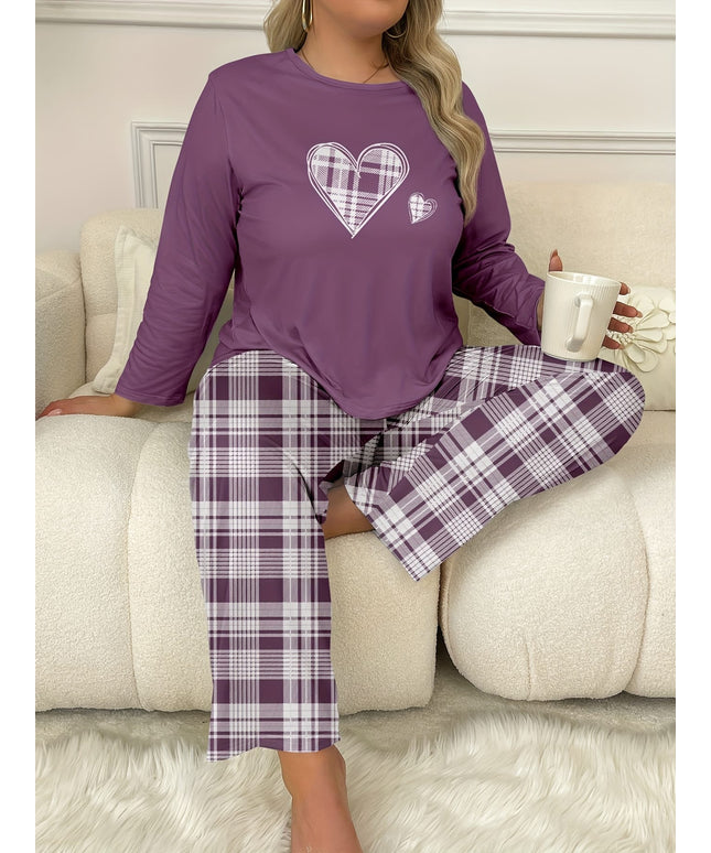 jkthpu-45 Plus Size Cozy Heart Print Long Sleeve Top