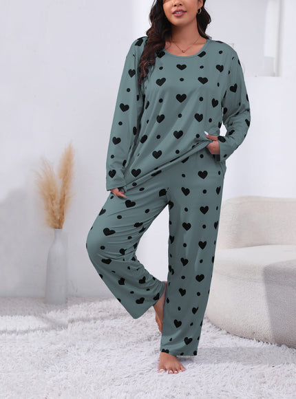 jkthpu-45 Plus Size Cozy Heart Print Pajama Set -