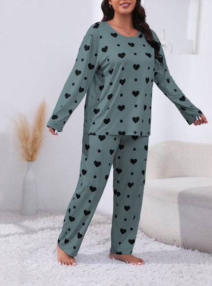 jkthpu-45 Plus Size Cozy Heart Print Pajama Set -