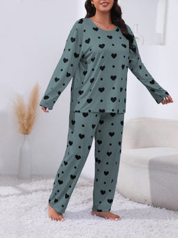 jkthpu-45 Plus Size Cozy Heart Print Pajama Set -