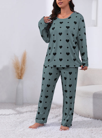 jkthpu-45 Plus Size Cozy Heart Print Pajama Set -