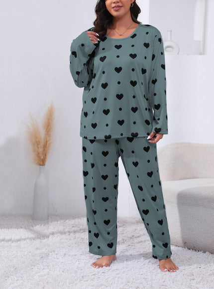 jkthpu-45 Plus Size Cozy Heart Print Pajama Set -