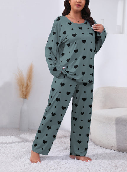 jkthpu-45 Plus Size Cozy Heart Print Pajama Set -