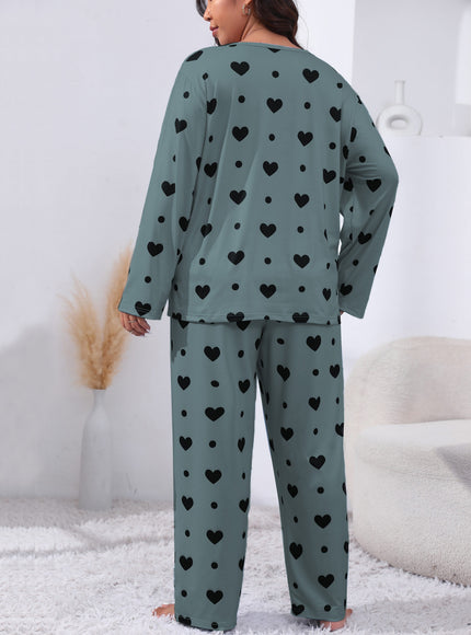 jkthpu-45 Plus Size Cozy Heart Print Pajama Set -