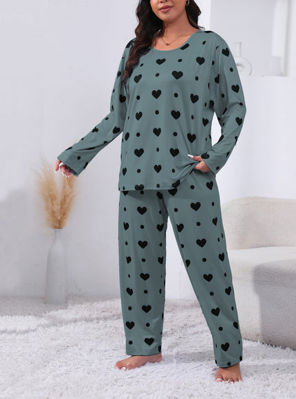 jkthpu-45 Plus Size Cozy Heart Print Pajama Set -