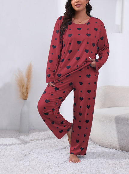 jkthpu-45 Plus Size Cozy Heart Print Pajama Set -