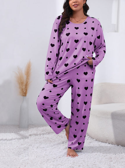 jkthpu-45 Plus Size Cozy Heart Print Pajama Set -
