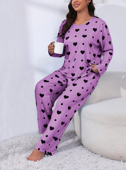 jkthpu-45 Plus Size Cozy Heart Print Pajama Set -