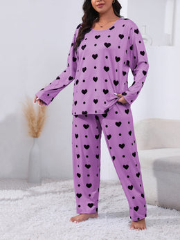 jkthpu-45 Plus Size Cozy Heart Print Pajama Set -