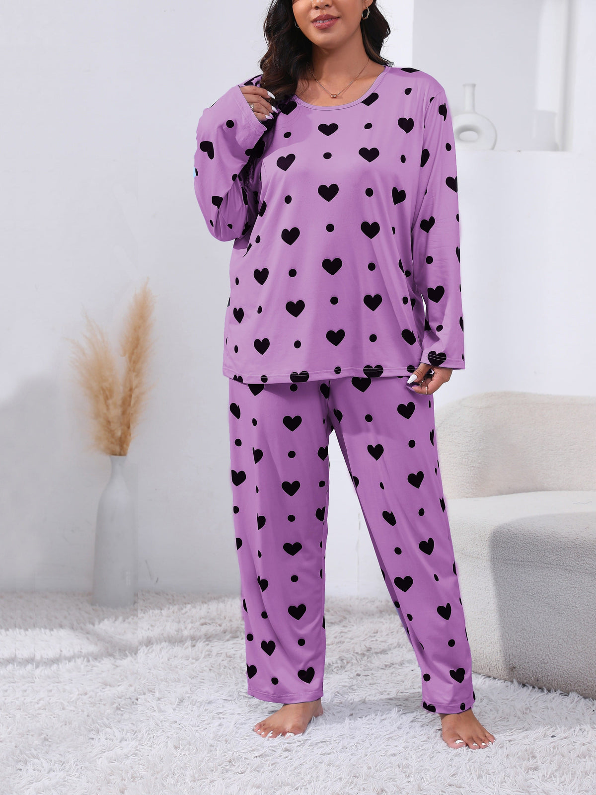 jkthpu-45 Plus Size Cozy Heart Print Pajama Set -