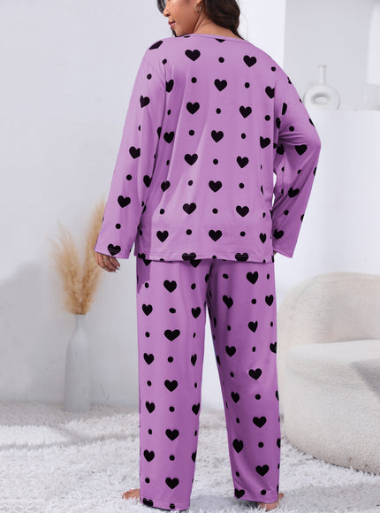 jkthpu-45 Plus Size Cozy Heart Print Pajama Set -