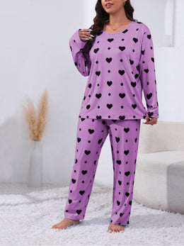 jkthpu-45 Plus Size Cozy Heart Print Pajama Set -