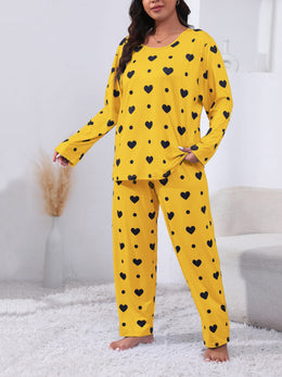 jkthpu-45 Plus Size Cozy Heart Print Pajama Set -