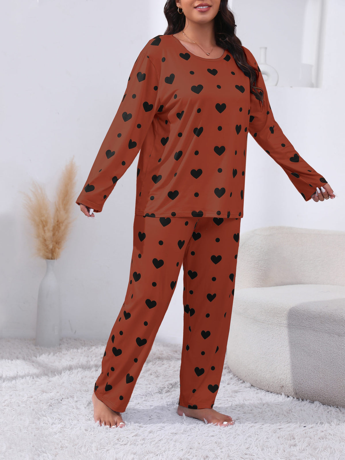 jkthpu-45 Plus Size Cozy Heart Print Pajama Set -