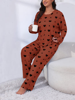 jkthpu-45 Plus Size Cozy Heart Print Pajama Set -