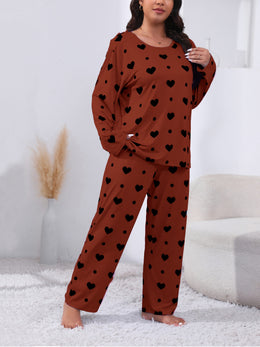jkthpu-45 Plus Size Cozy Heart Print Pajama Set -